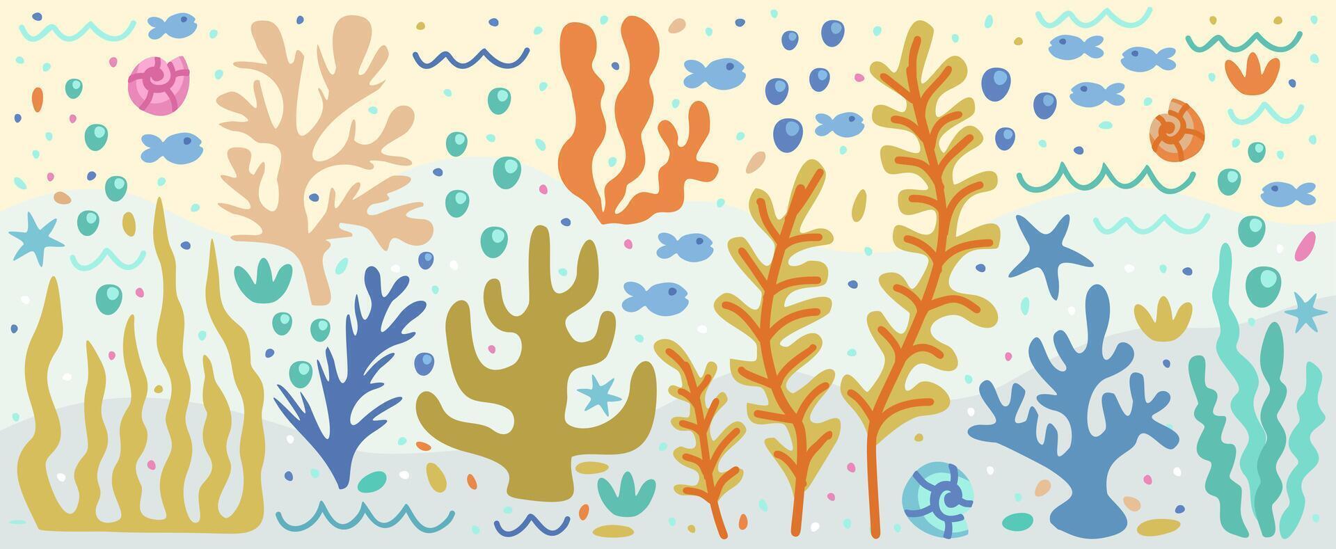 vector submarino conjunto con vistoso algas marinas, peces, conchas marinas, burbujas, olas y estrellas de mar