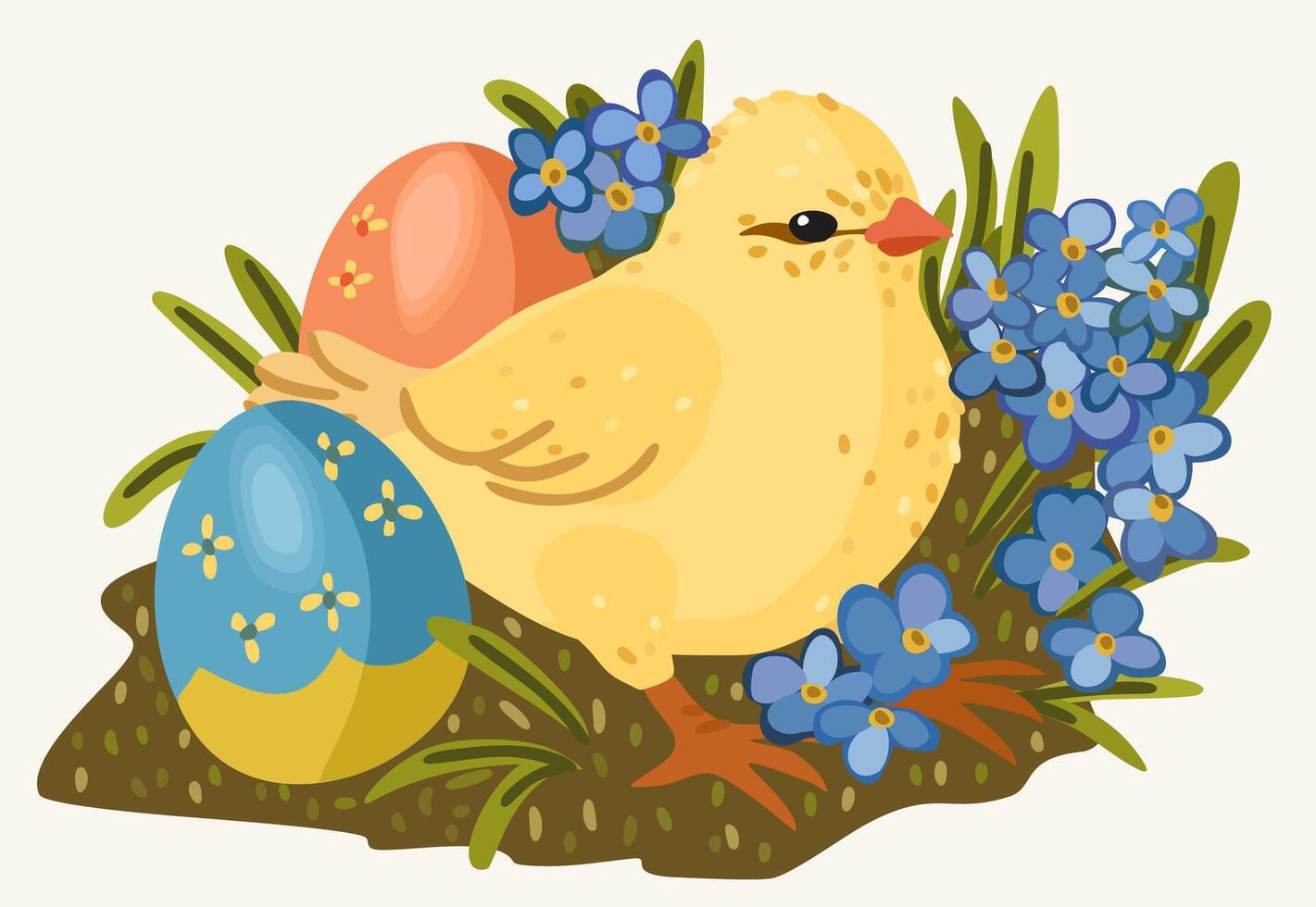 Easter chick with colored decorative Easter eggs and spring flowers. Vector isolated illustration