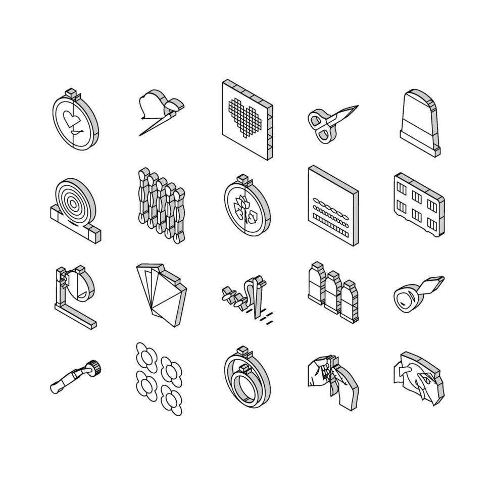 embroidery hobby fabric fashion isometric icons set vector