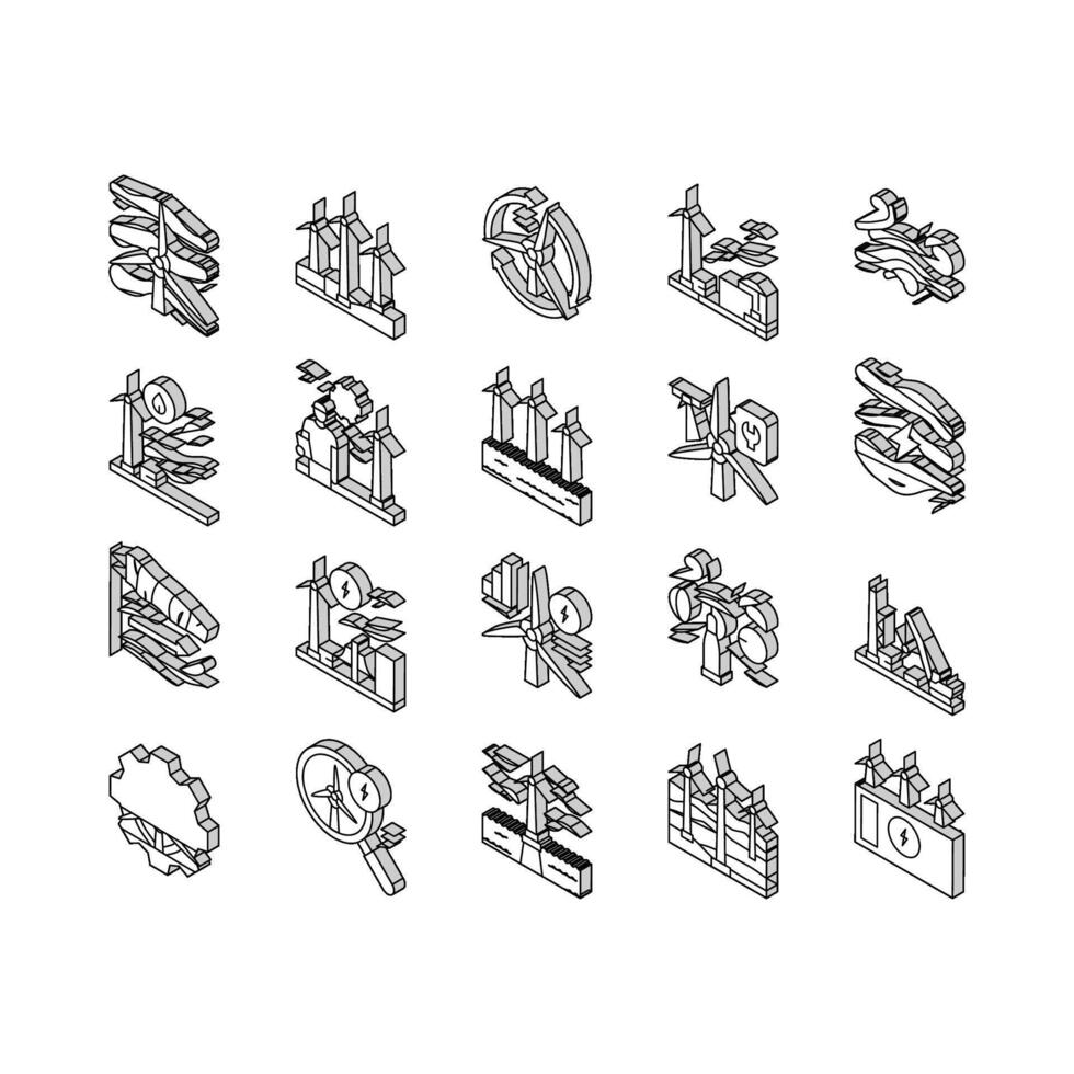 wind turbine power energy farm isometric icons set vector