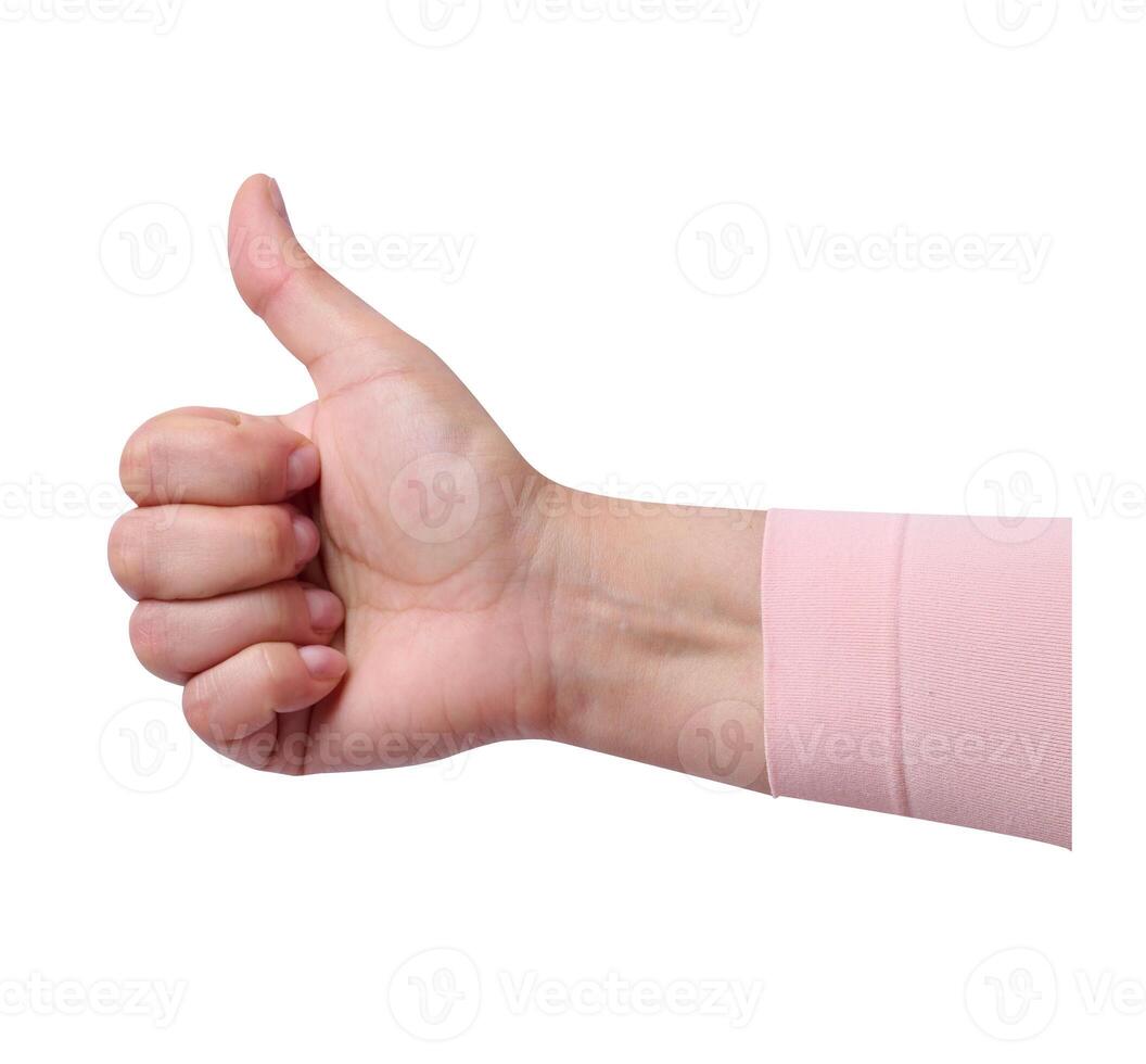A female hand making a like gesture on an isolated background photo