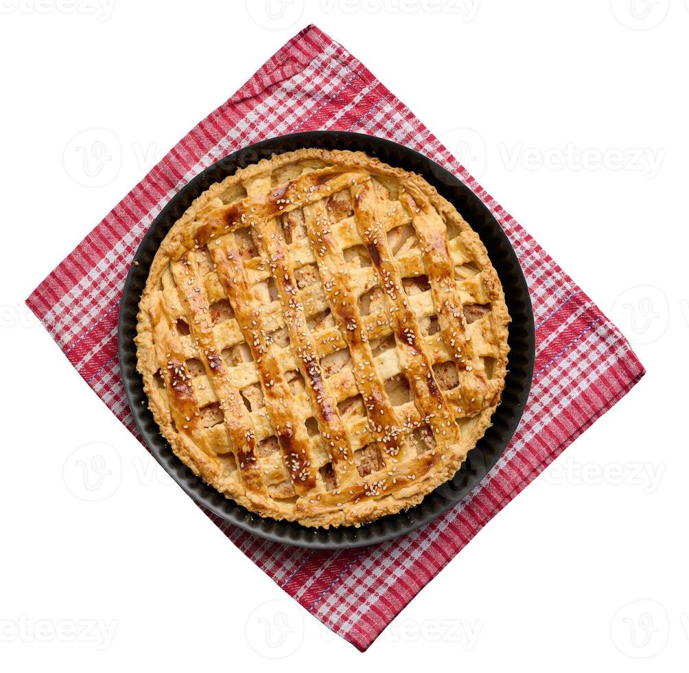 Round baked apple pie, white isolated background. View from above photo