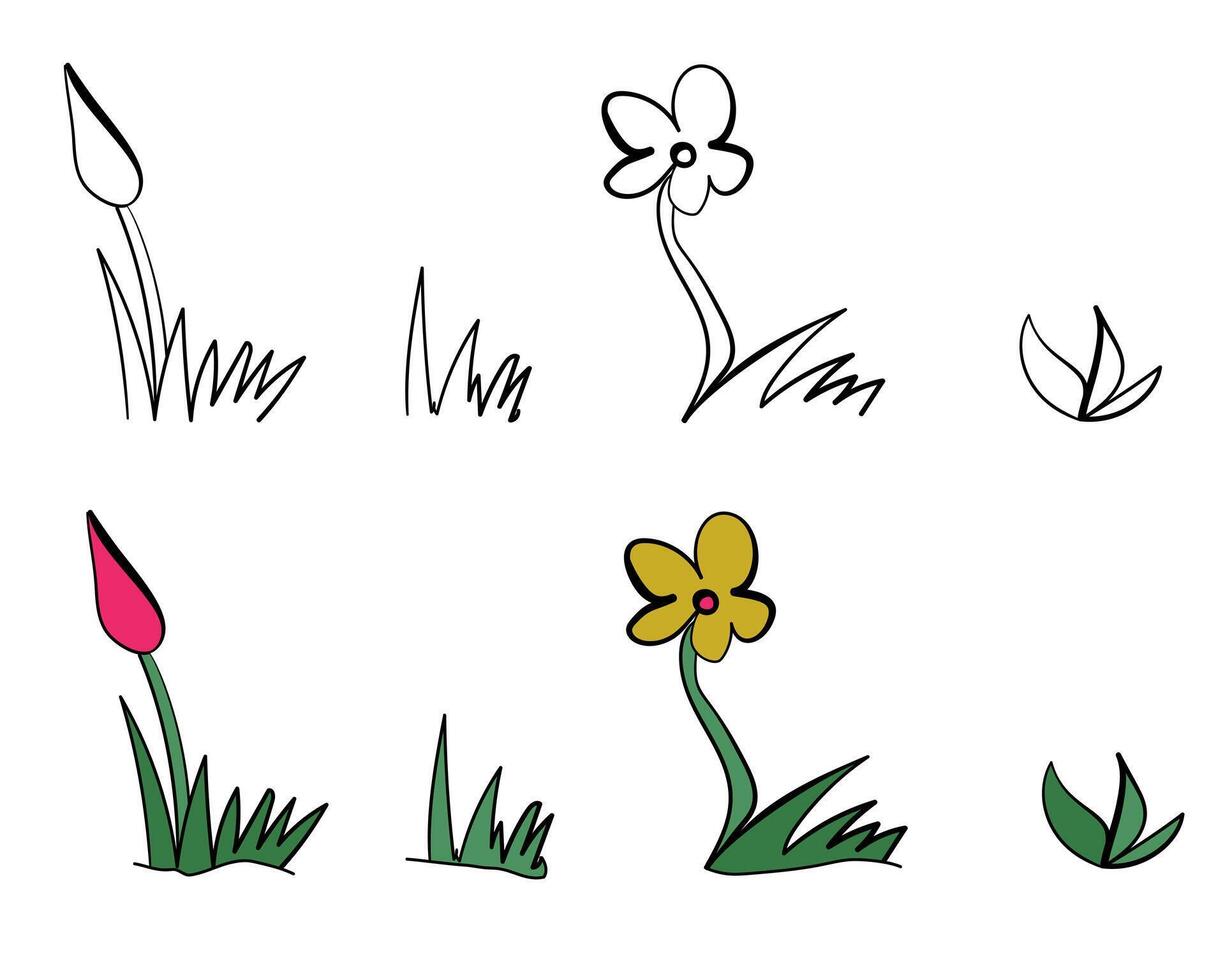 set of doodle flowers and herbs, outline and shaded for design vector