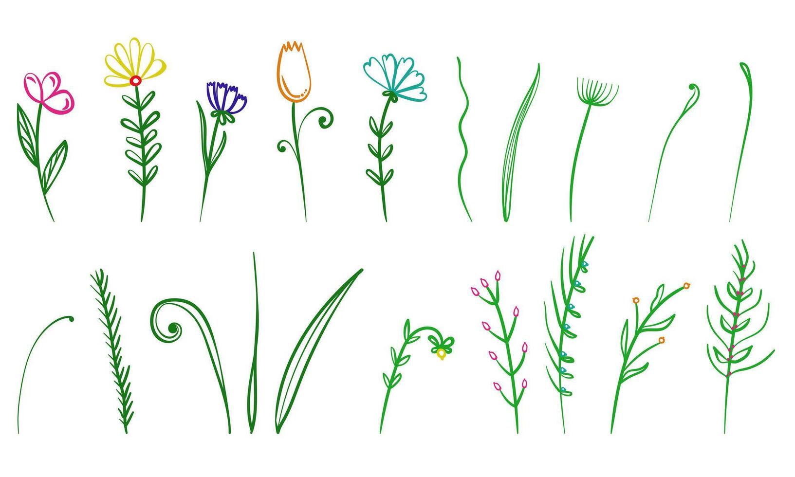 Set of doodle flowers and plants, simple linear plant motifs for design vector