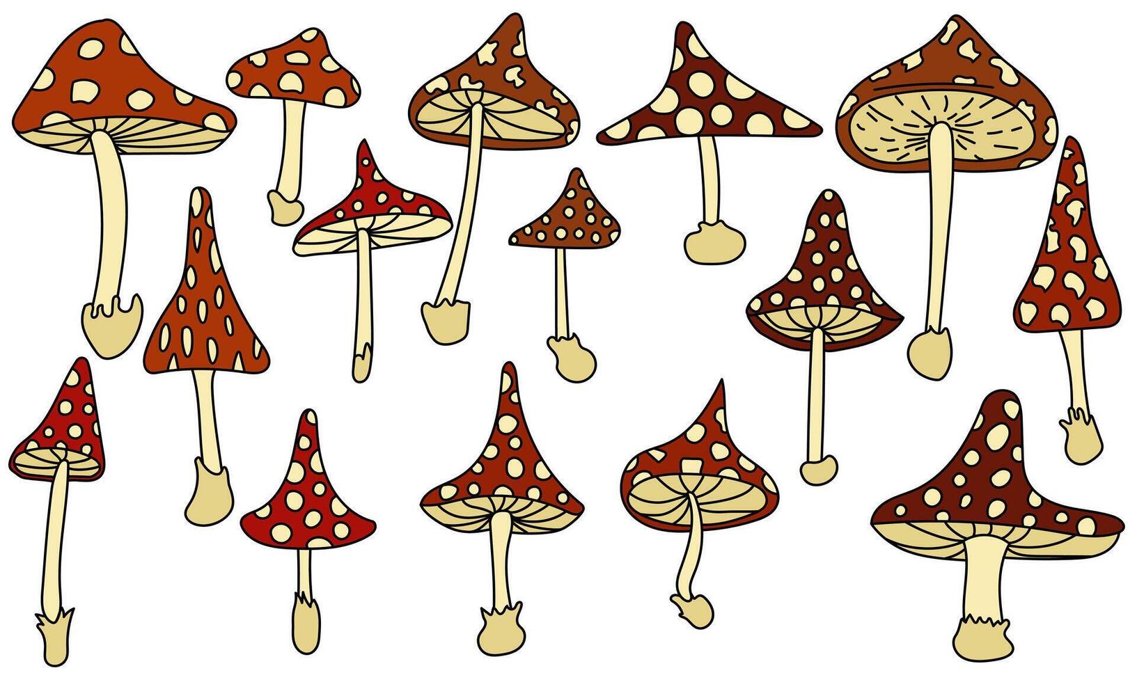 Fly agaric set, bright dangerous mushrooms with red caps vector