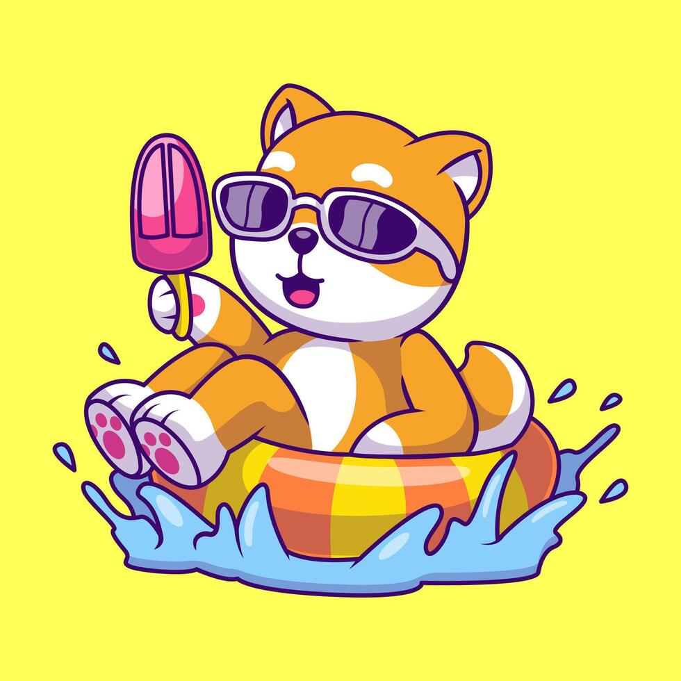 linda shiba inu verano participación hielo crema en llantas globo dibujos animados vector íconos ilustración. plano dibujos animados concepto. adecuado para ninguna creativo proyecto.