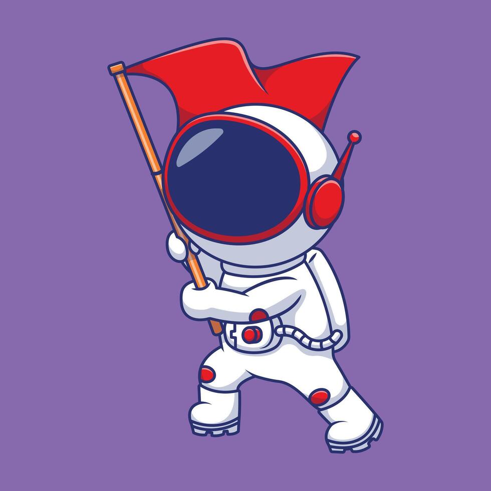 Cute Astronaut Waving Flag Cartoon Vector Icons Illustration. Flat Cartoon Concept.