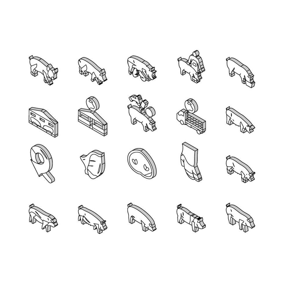 pork pig farm animal piglet hog isometric icons set vector