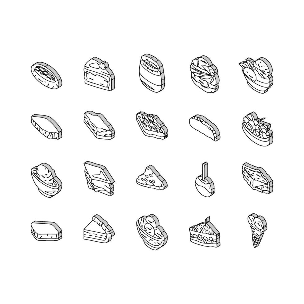 comida postre bocadillo menú isométrica íconos conjunto vector
