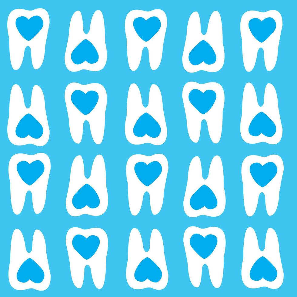 White teeth with heart in the center on a blue background. Dentist molar pattern vector