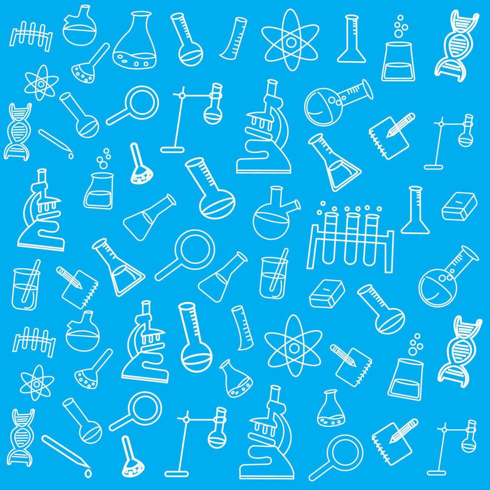 Illustration of chemistry pattern including icons Thin art about laboratory research. Editable Stroke vector