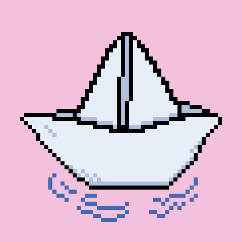 Paper boat with floating water effect. Pixel bit retro game styled vector illustration drawing. Simple flat cartoon drawing isolated on pink colored square ratio background.