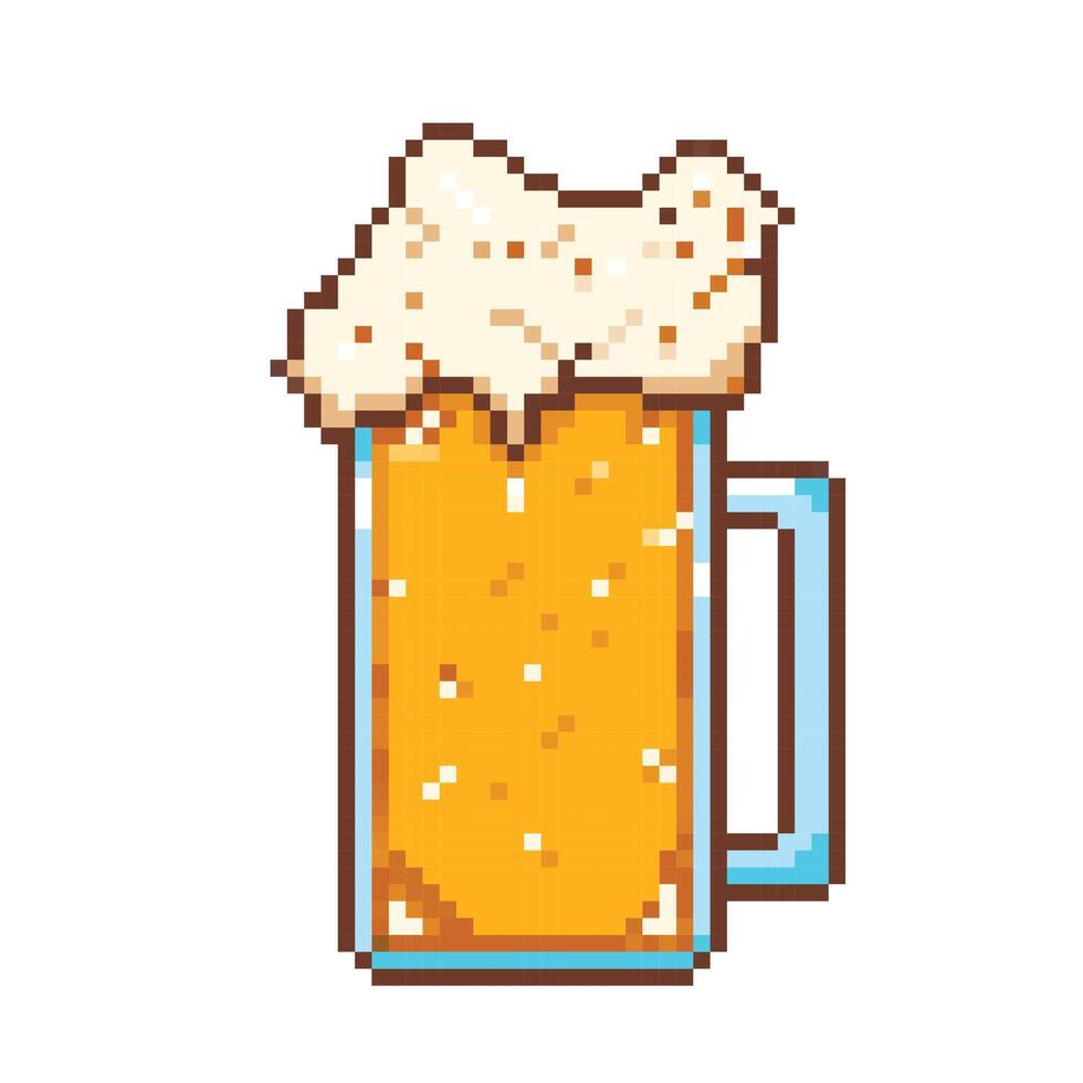 Beer glass with foam bubbles and gold yellow liquid. Pixel bit retro game styled vector illustration drawing. Simple flat cartoon drawing isolated on square white background.