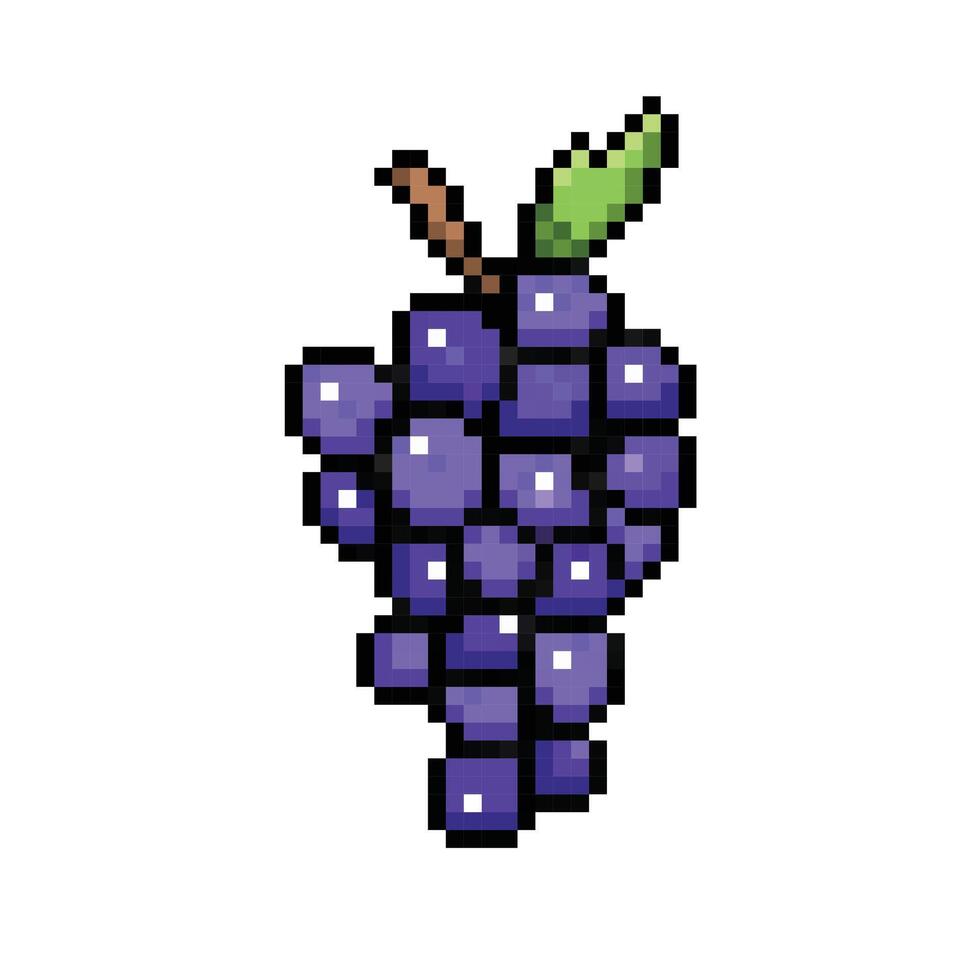 Purple grape fruit with leaf. Pixel bit retro game styled vector illustration drawing. Simple flat healthy fruits cartoon art isolated on square background.