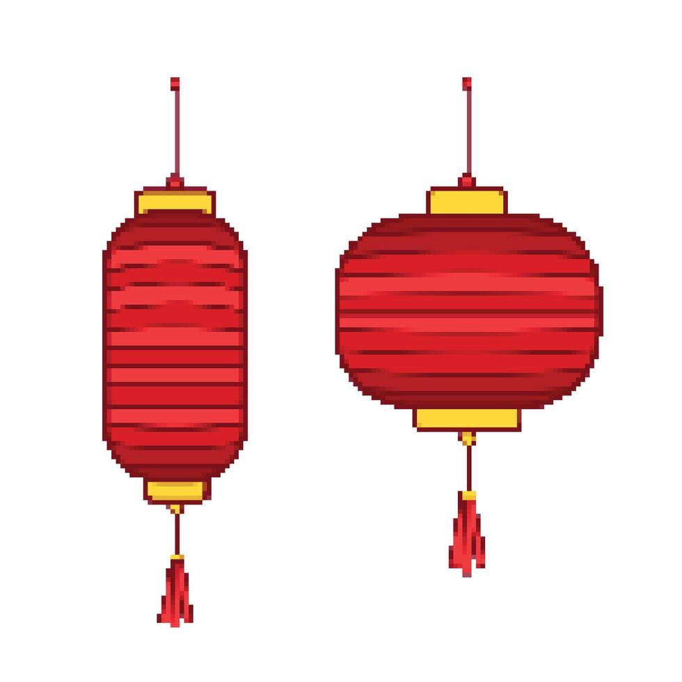 Two red chinese lantern lamps with different shapes. Pixel bit retro game styled vector illustration drawing. Simple flat cartoon art styled game element traditional interior drawing.