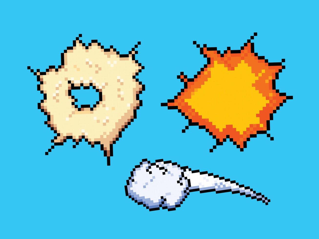 Boom, blast, woosh, and smoke comic explosion effects. Pixel bit retro game styled vector illustration drawing. Simple flat cartoon drawing set bundle group isolated on horizontal blue background.