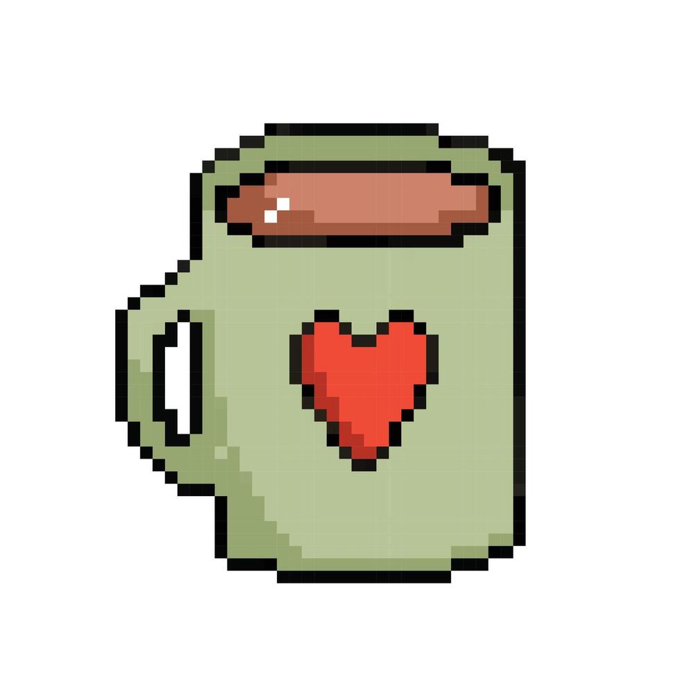 caliente chocolate bebida dentro verde corazón taza. píxel poco retro juego estilizado vector ilustración dibujo. sencillo plano dibujos animados dibujo aislado en cuadrado blanco antecedentes.