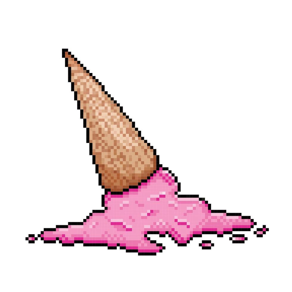 Fallen down sweet strawberry ice cream cone melting on the floor. Pixel bit retro game styled vector illustration drawing. Simple flat cartoon styled drawing isolated on white square background.