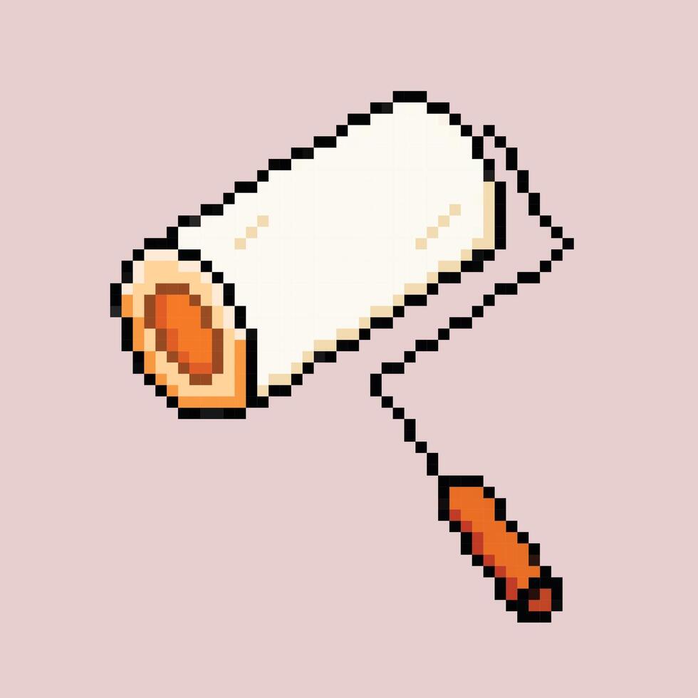 Paint hand roller with orange handle. Pixel bit retro game styled vector illustration drawing. Simple flat cartoon drawing isolated on square background.