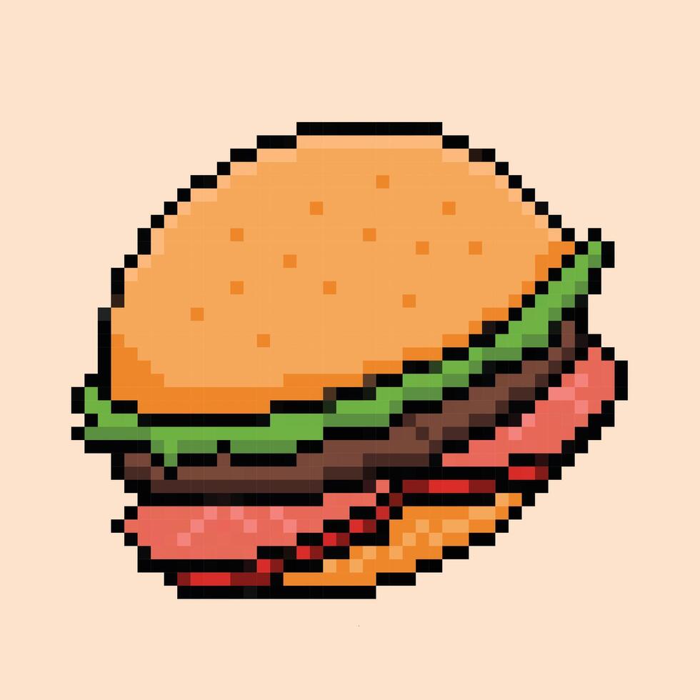 Hamburger fast food. Buns, lettuce, beef, tomatoes. Pixel bit retro game styled vector illustration drawing. Simple flat cartoon drawing isolated on square background.