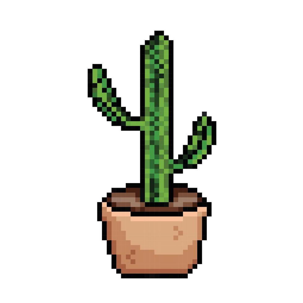 Cactus plant in brown pot. Pixel bit retro game styled vector illustration drawing. Simple flat cartoon styled drawing isolated on white square background.