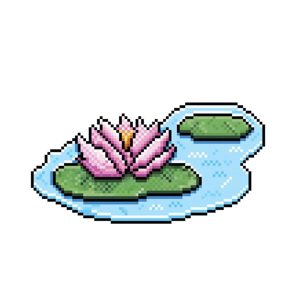 Pink water lily pond flower botanical plants with leaves and water. Pixel bit retro game styled vector illustration drawing isolated on white background. Nymphaeaceae. Rhizomatous  aquatic herbs.