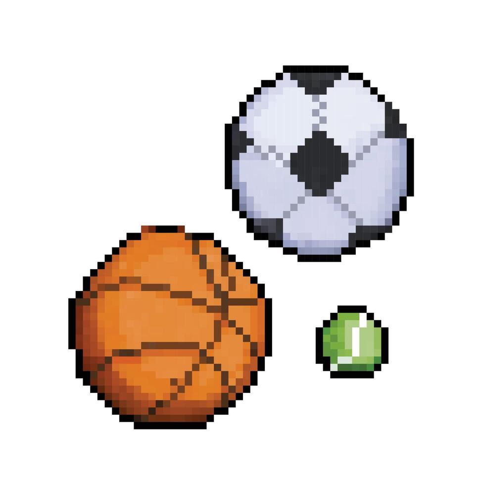 Soccer, basketball, and tennis sports ball. Pixel bit retro game styled vector illustration set collection group bundle. Simple flat cartoon drawing isolated on square white background.