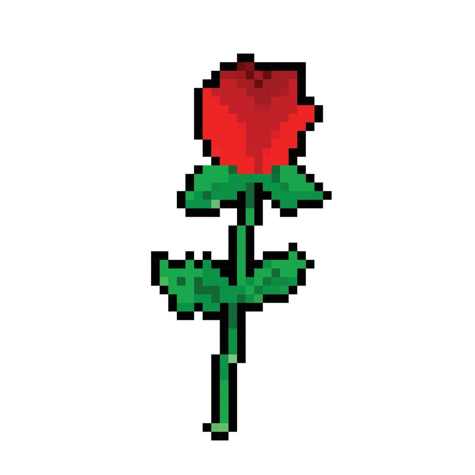 Red rose botanical flower. Pixel bit retro game styled vector illustration drawing. Simple flat cartoon drawing isolated on square white background.