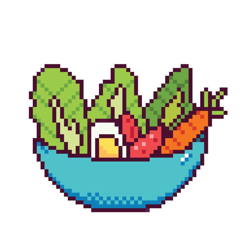 Healthy food salad vegetable bowl with boiled egg, tomato, lettuce, and carrot. Pixel bit retro game styled vector illustration drawing isolated on square white background.