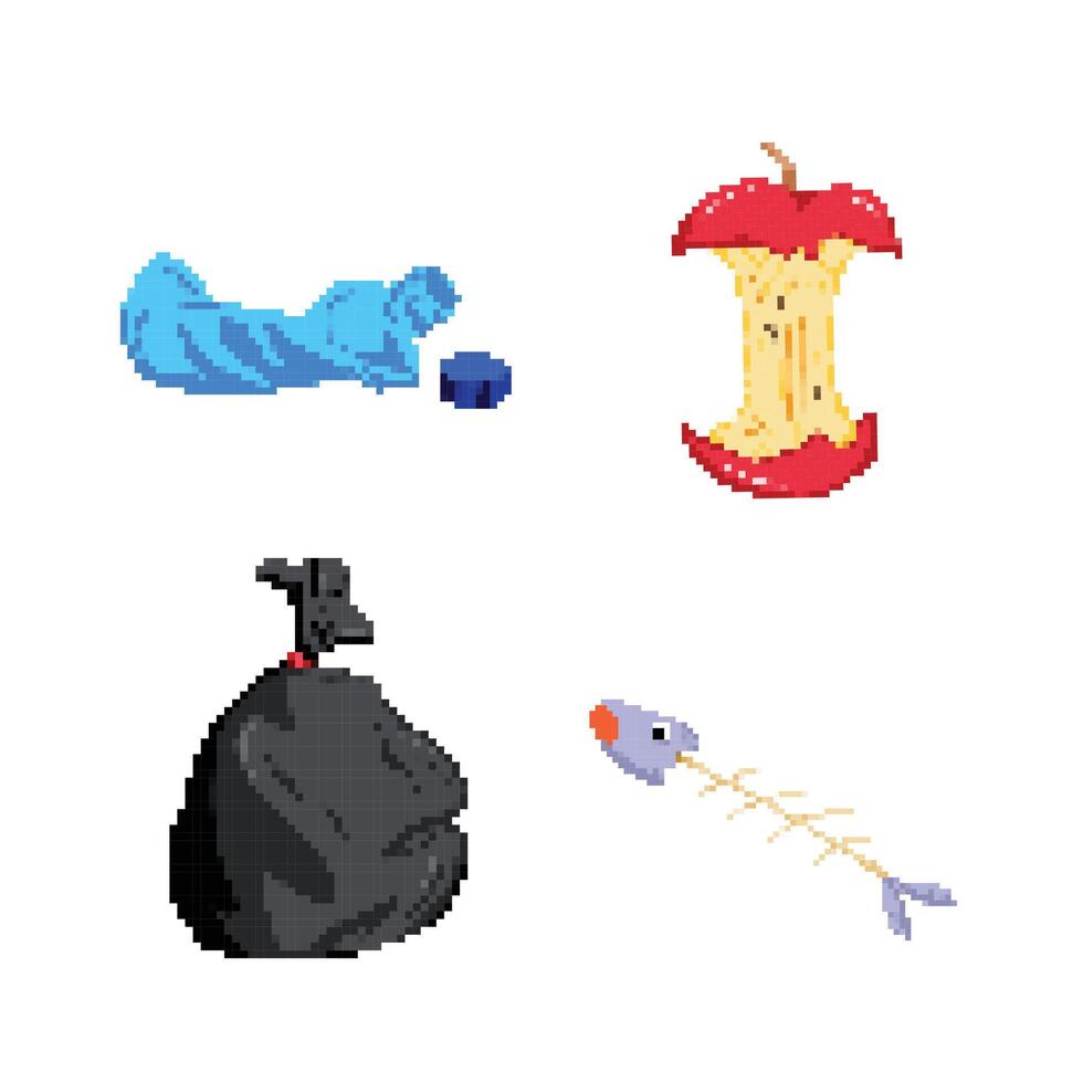 Vector illustration set collection group of garbage, trash, junks. Water bottle, apple core, trash bag, and fish bone pixel bit retro game styled vector illustration drawing.