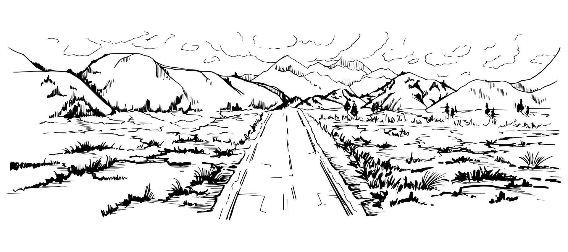 Hand drawn ink vector illustration, mountain landscape scenery Central South America, hills plane farmland, straight road highway. Isolated white background. Design travel, vacation, brochure, print