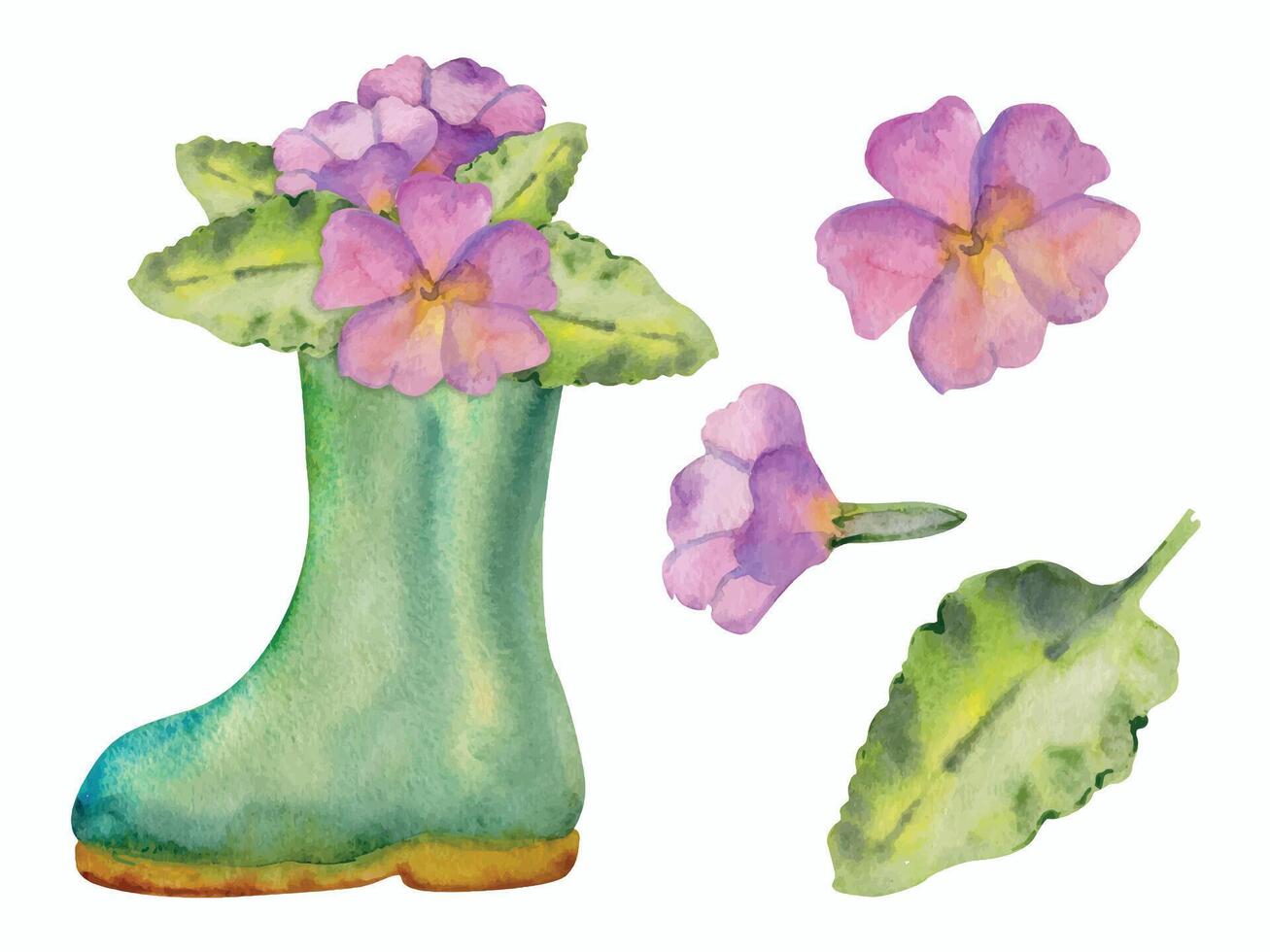 Hand drawn watercolor illustration spring gardening shoes, green rubber boots with flowers and leaves. Composition isolated on white background. Design print, shop, scrapbooking, packaging, decoupage vector