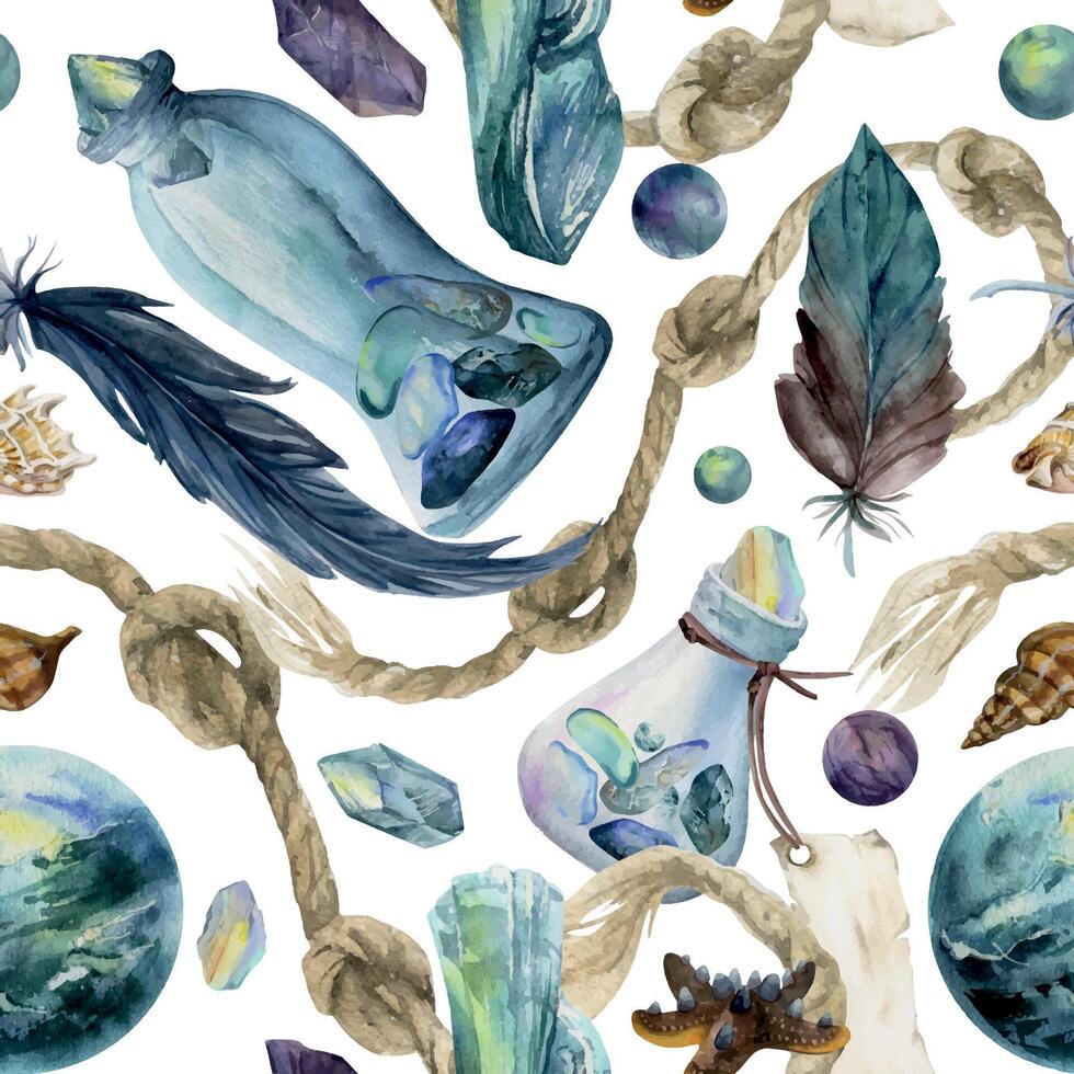 Hand drawn watercolor illustration sea witch altar objects. Glass vial knot rope precious stones feathers starfish. Seamless pattern isolated on white background. Design print, shop, magic, packaging vector