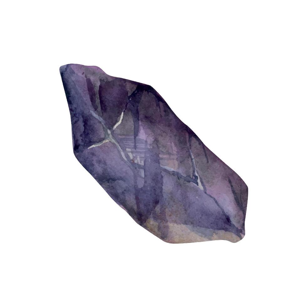Hand drawn watercolor illustration precious semiprecious jewel gem crystal chakra birth stone. Amethyst fluorite purple. Single object isolated white background. Design print, shop, jewelry, fashion vector