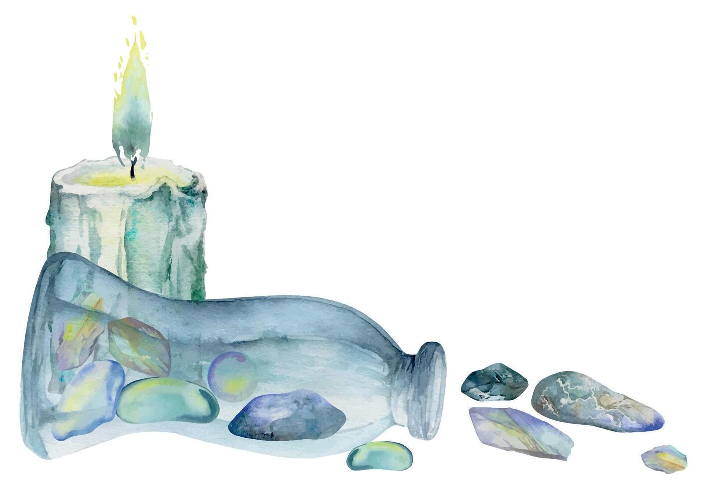 Hand drawn watercolor sea witch altar objects. Glass vial jar bottle gems precious stones, burning pillar wax candle. Composition isolated on white background. Design for print, shop, magic, alchemy vector