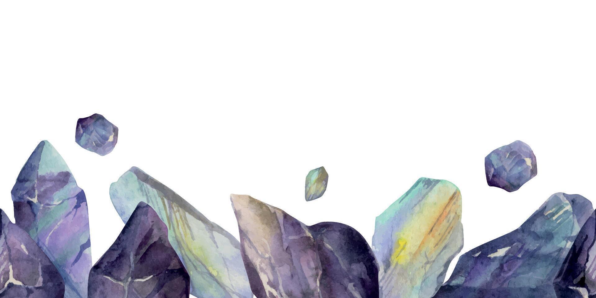 Hand drawn watercolor illustration precious jewel gem crystal chakra birth stone. Amethyst aquamarine moonstone. Seamless border isolated on white background. Design print, shop, jewelry, fashion vector