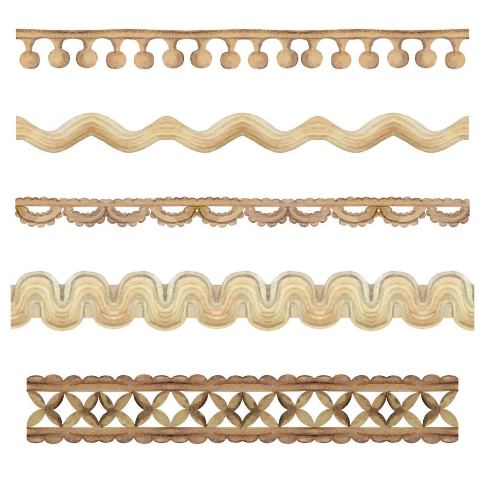 mano dibujado acuarela ilustración de coser arte bordado suministros. cinta cordón trenza zigzag borla. conjunto de objetos aislado en blanco antecedentes. diseño taller, Sastre, pasatiempo comercio, Moda boutique vector