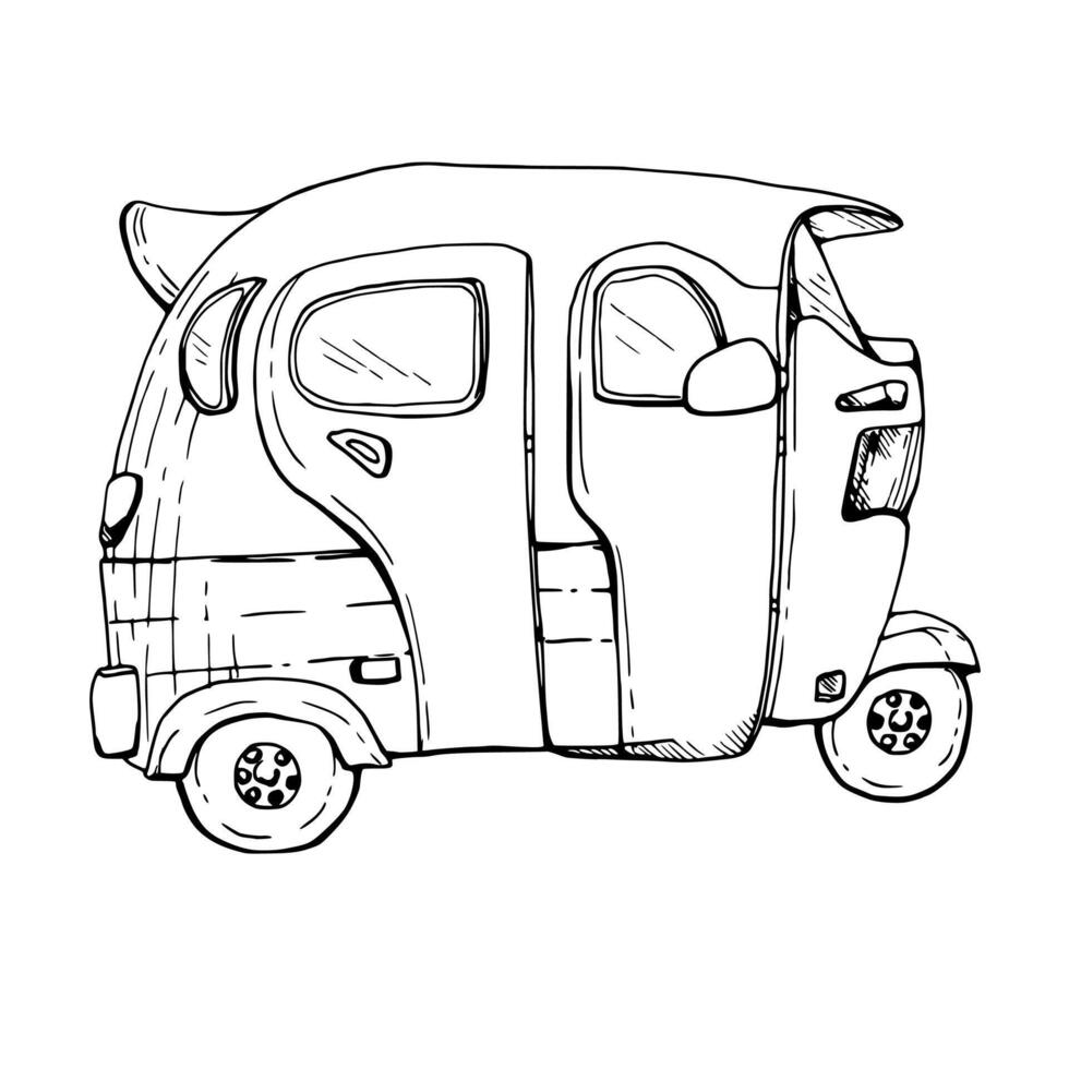 mano dibujado tinta vector ilustración, pequeño coche transporte vehículo mototaxi sur central America India Asia. soltero objeto aislado en blanco antecedentes. diseño viajar, vacaciones, folleto, impresión