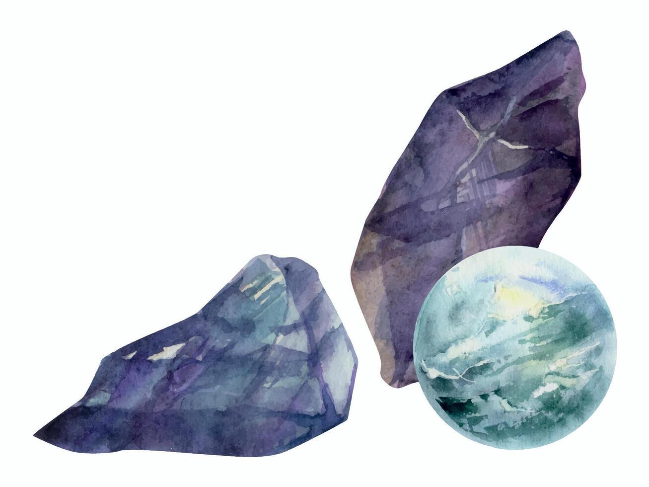 Hand drawn watercolor illustration precious semiprecious jewel gem crystal chakra birth stone. Amethyst fluorite aquamarine. Composition isolated white background. Design print, shop, jewelry, fashion vector