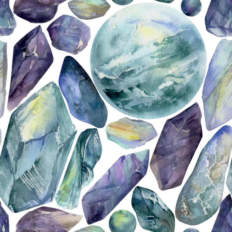 Hand drawn watercolor illustration precious jewel gem crystal chakra birth stone. Amethyst aquamarine moonstone lapis. Seamless pattern isolated white background. Design print, shop, jewelry, fashion vector