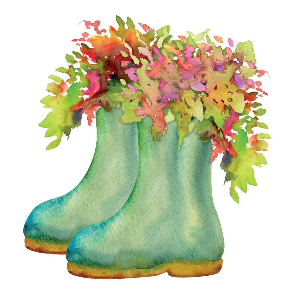 mano dibujado acuarela ilustración primavera jardinería zapatos, verde caucho botas con flores y hojas. composición aislado en blanco antecedentes. diseño imprimir, comercio, álbum de recortes, embalaje, decoupage vector