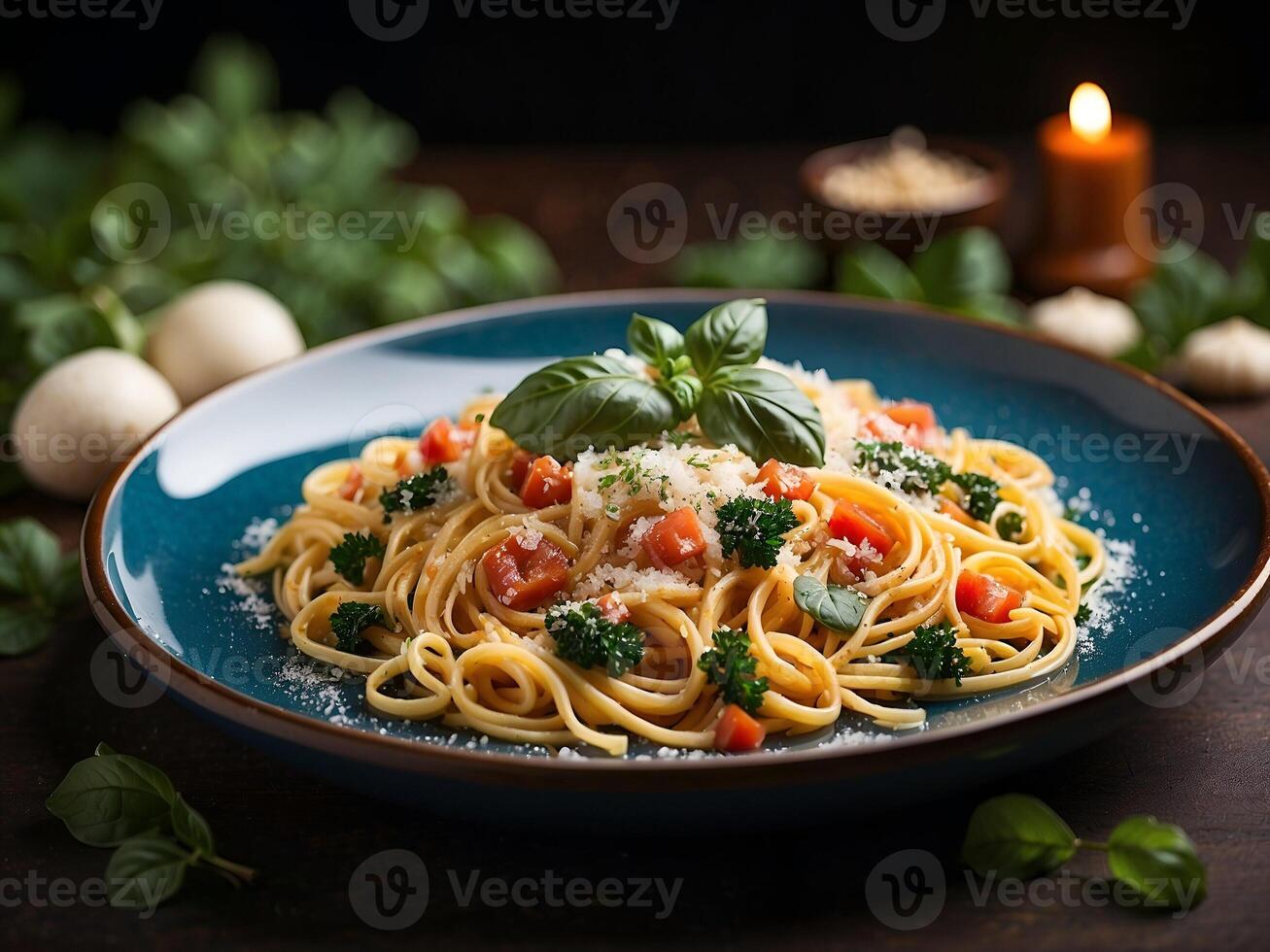 AI generated Delicious aglio e olio spaghetti an Italian dish with cheese and basil garnish and served on a plate. photo