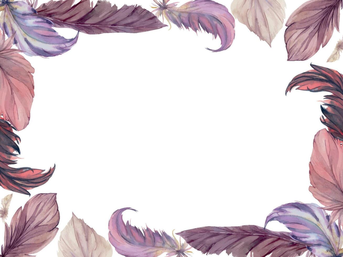 mano dibujado acuarela pájaro pluma penacho pluma boho tribal étnico indio púrpura. horizontal marco aislado en blanco antecedentes. diseño encanto, amuleto, atrapasueños, álbum de recortes, hecho a mano artesanía, tatuaje vector