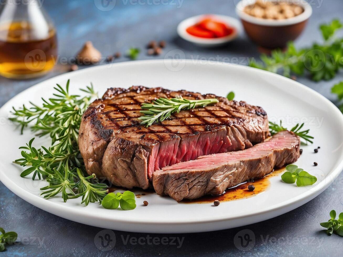 AI generated a glistening grilled steak, bursting with flavor, rests beside vibrant grilled vegetables on a clean white plate. photo
