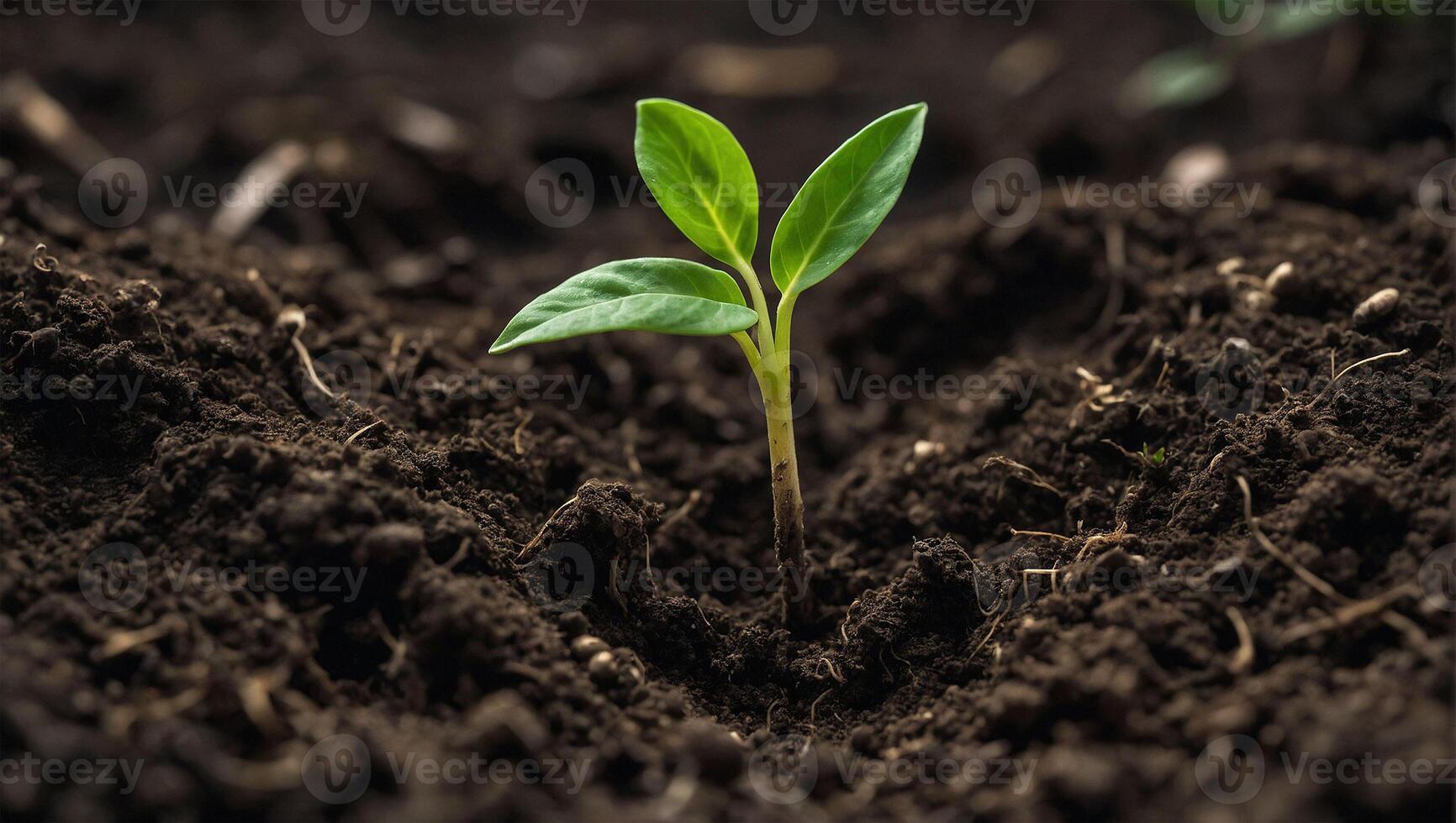 AI generated Small green sprout growing in soil surrounded by leaves, symbolizing new life and growth in nature photo