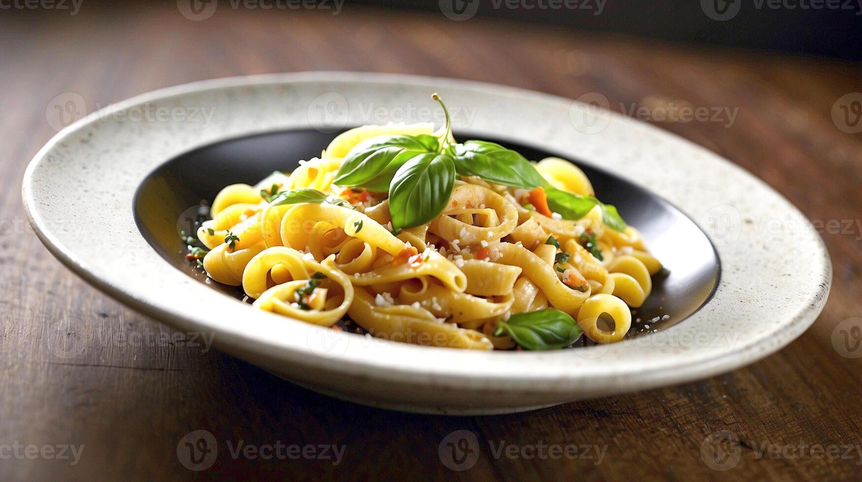 AI generated Pasta with pesto sauce and assorted vegetables, a delicious Italian meal photo
