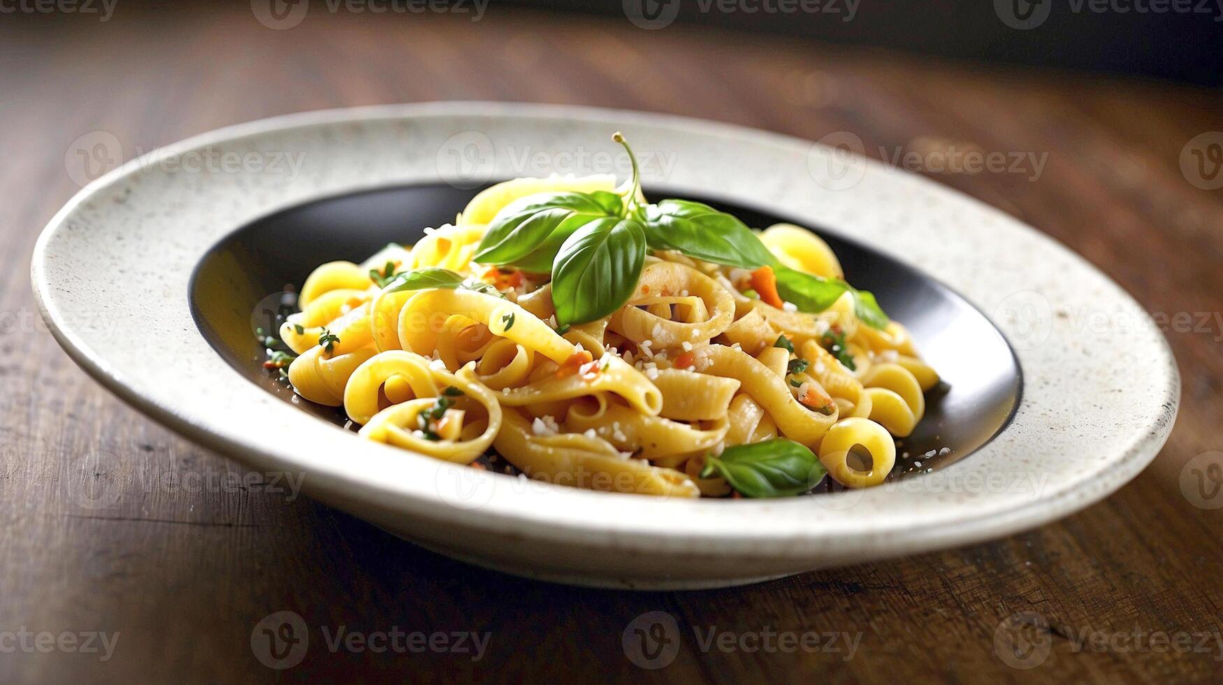 ai generado pasta con pesto salsa y clasificado verduras, un delicioso italiano comida foto