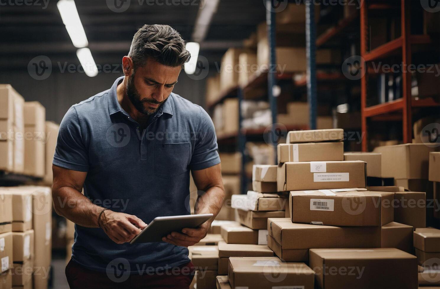 AI generated An entrepreneur checking many ready-to-send package boxes using his tablet. Small business activity concept photo