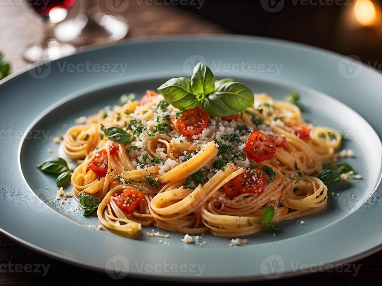 AI generated Delicious Italian-style pasta dishes featuring spaghetti on a plate garnished with basil and cheese photo
