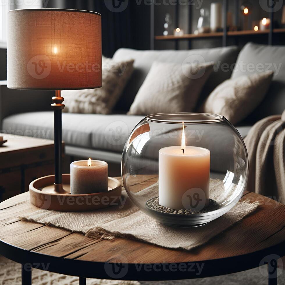 AI generated Close up of round glass jar with burning candle on rustic wooden coffee table. Lamp on side table near grey sofa. Minimalist loft home interior design of modern living room photo